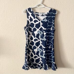 Tina + Jenna Blue Print Dress Ruffle Hem Sleeveless V Neck Size L